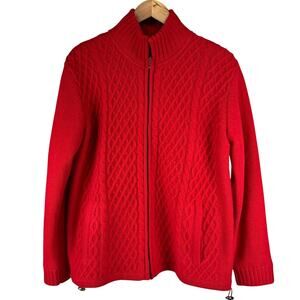 Carraig Donn Ireland Full Zip 100% Pure New Wool Red Cable Knit Sweater Size L